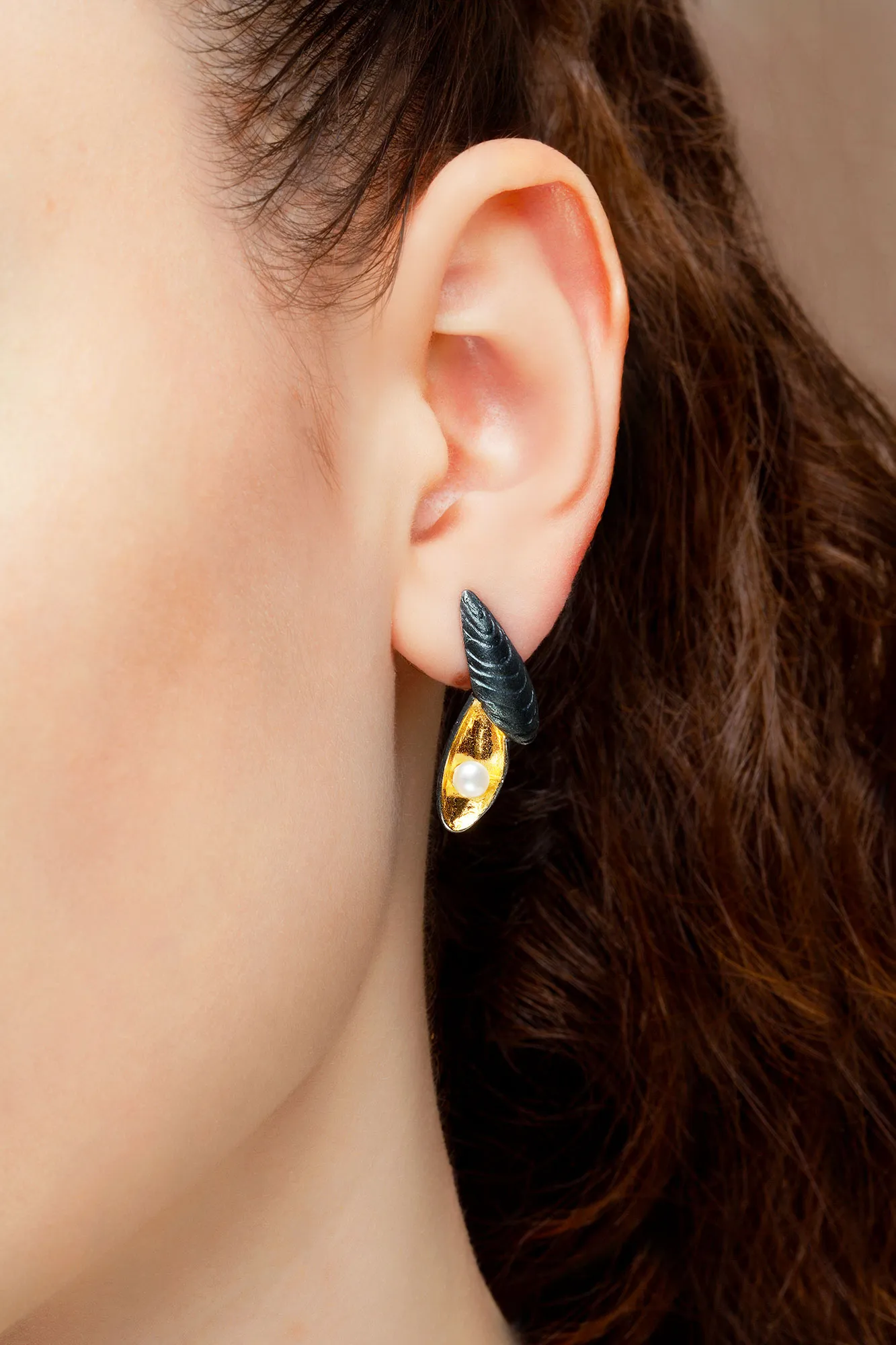 Handmade Jewellery | Seashell handmade gold and black plated silver earrings gallery 1