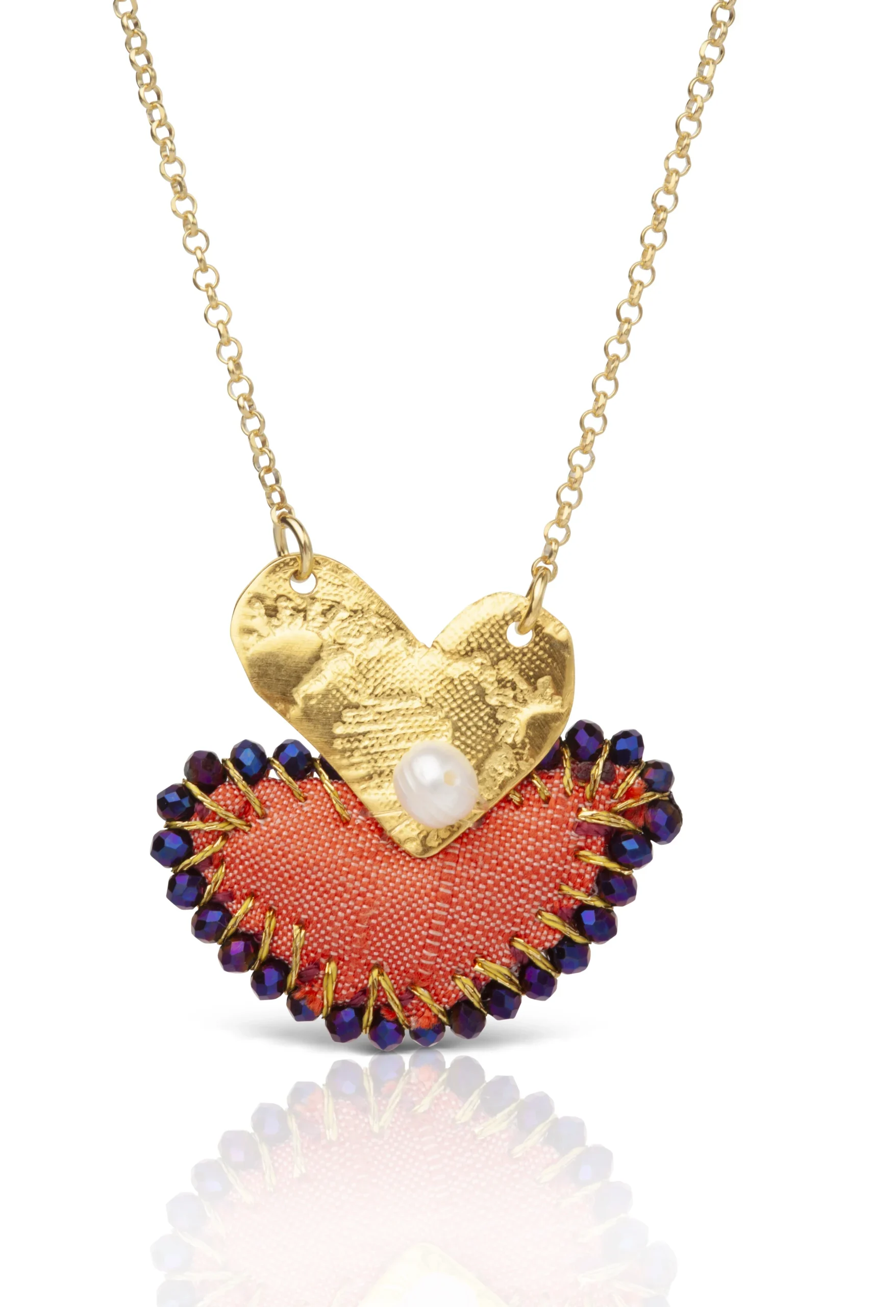 Handmade Jewellery | Heart gold plated textured silver red necklace main