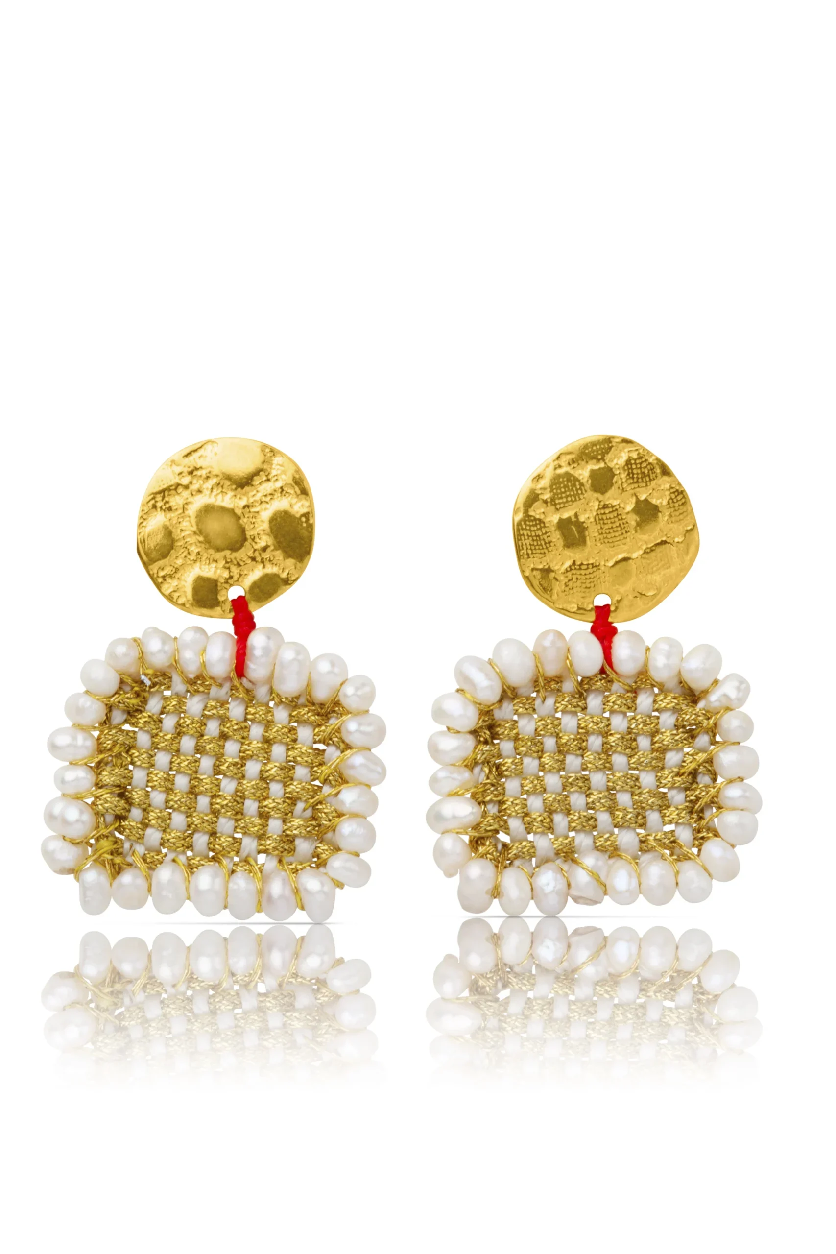 Gold plated silver woven and pearl earrings