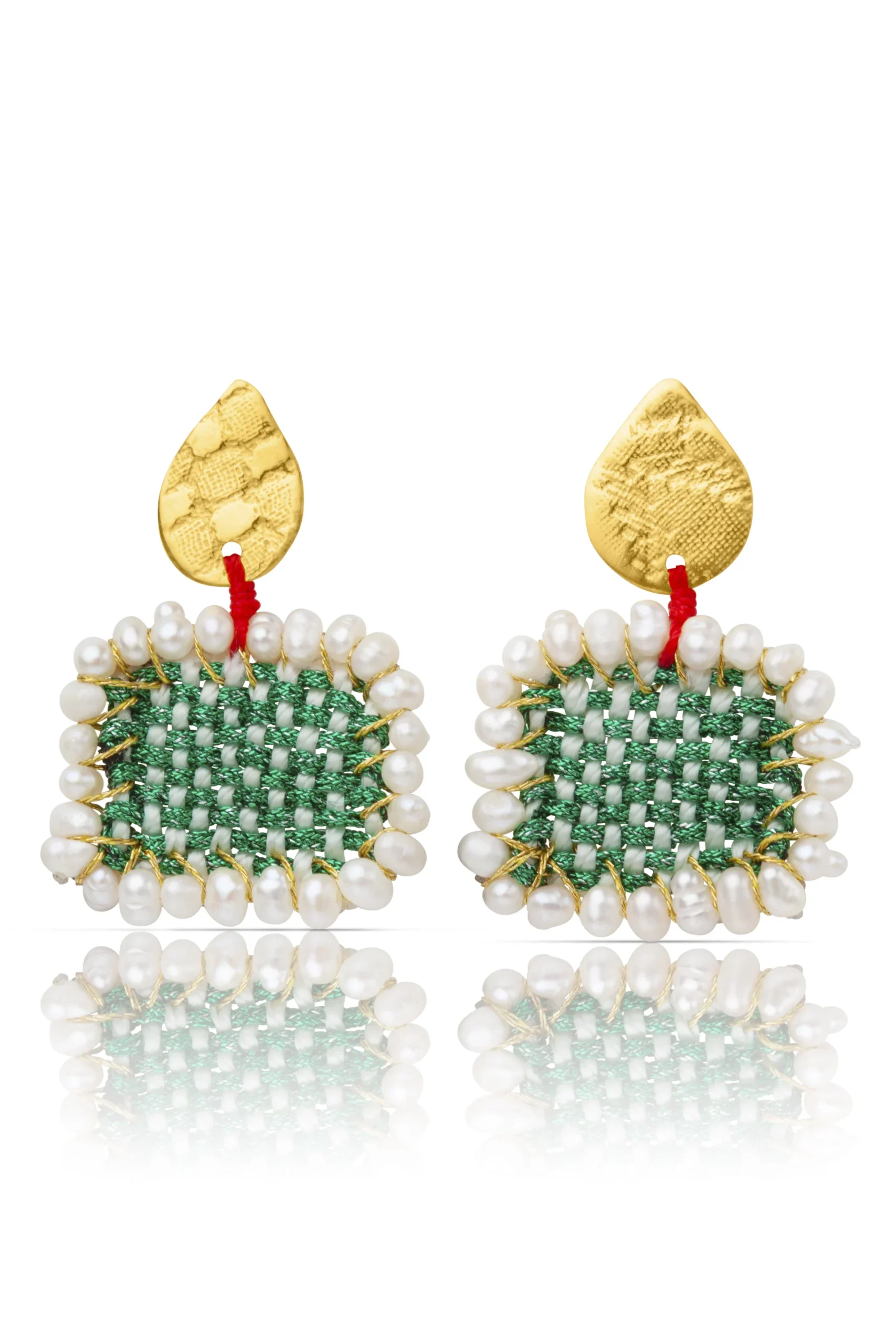 Handmade Jewellery | Silver woven and pearl handmade green earrings main