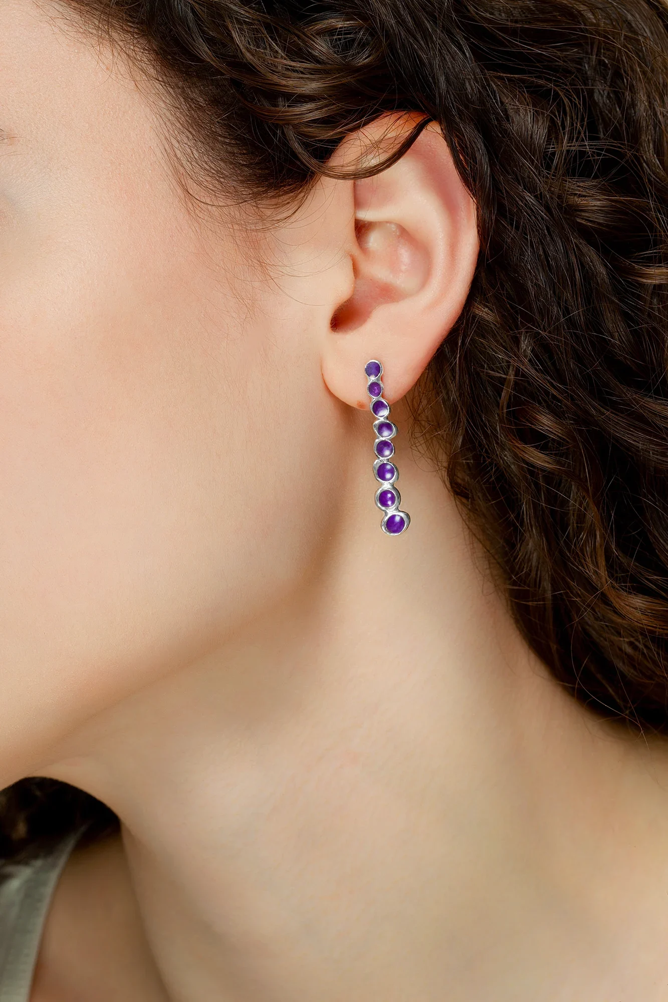 Handmade Jewellery | Bubbles handmade silver earrings with purple enamel gallery 1