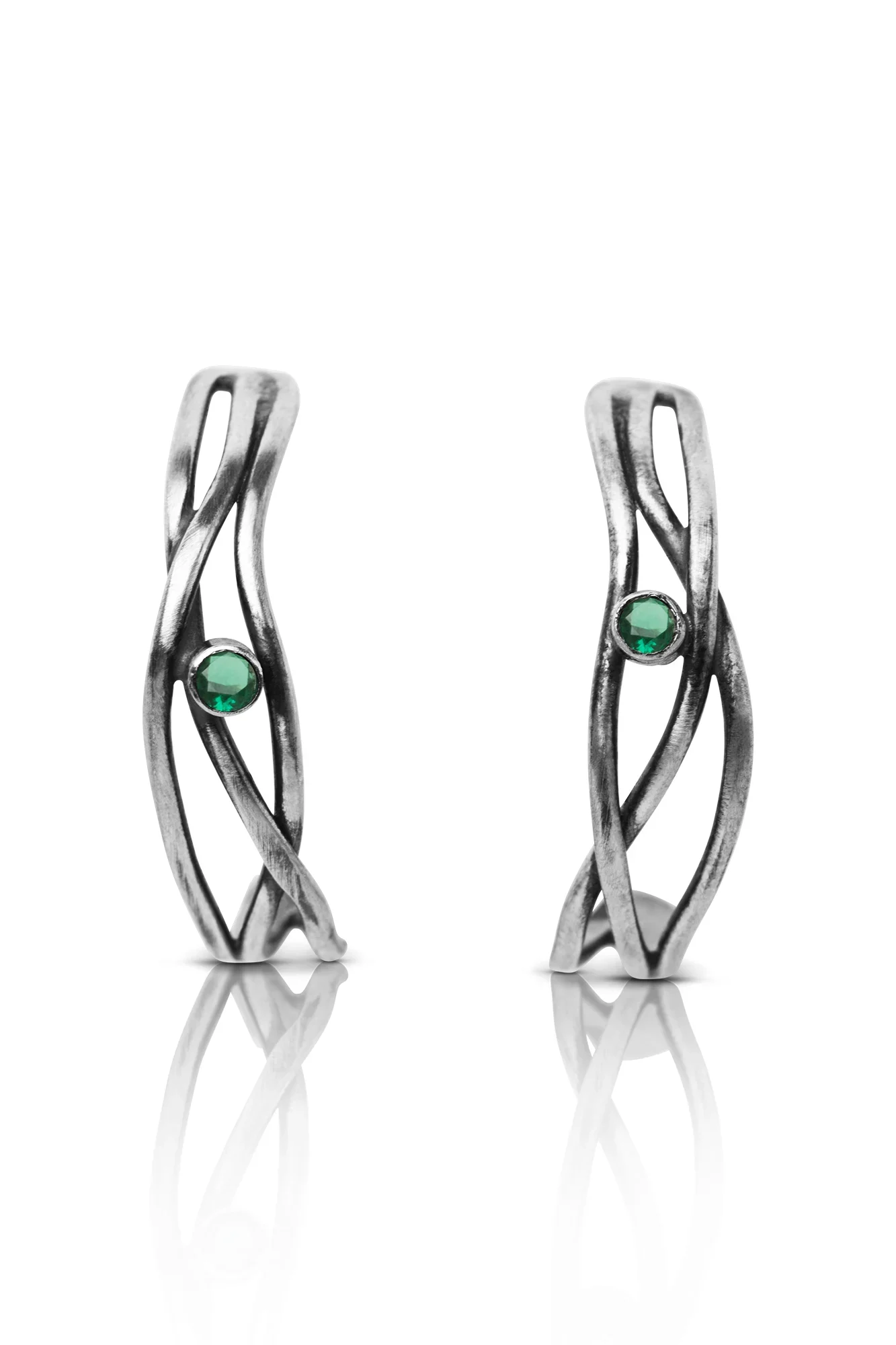 Handmade Jewellery | Wavy silver handmade hoops with green zircon gallery 2