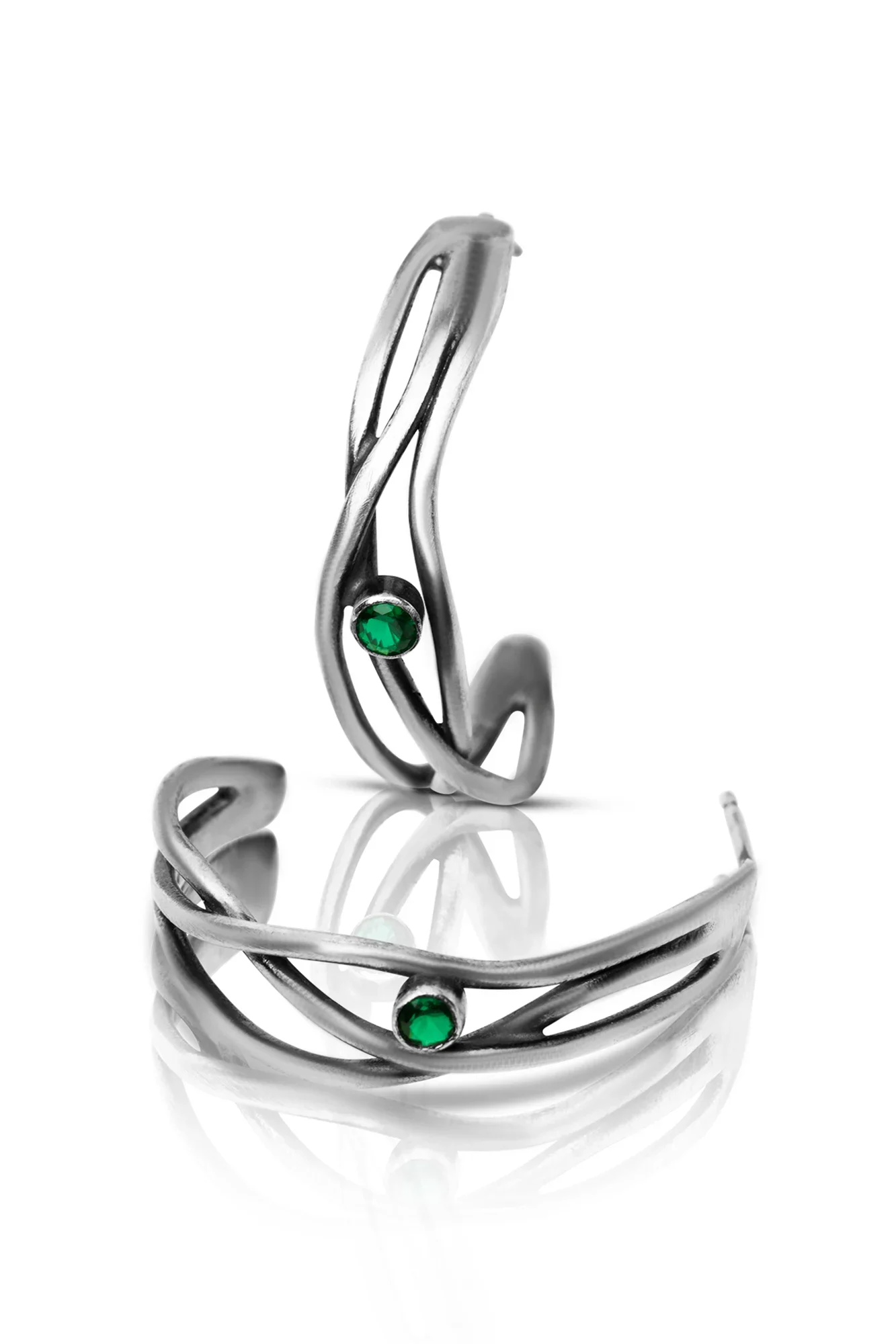 Handmade Jewellery | Wavy silver handmade hoops with green zircon gallery 1