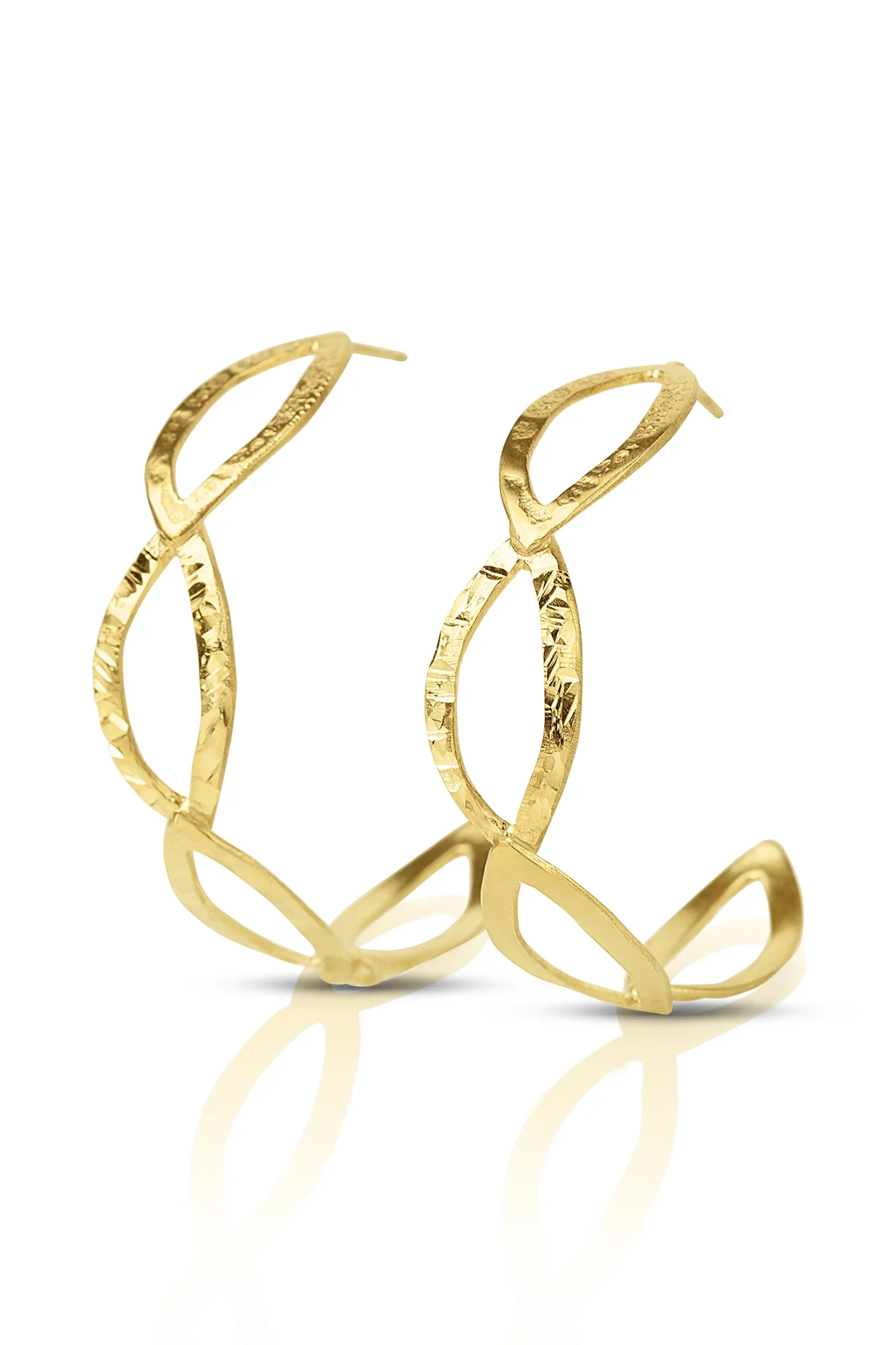 Handmade Jewellery | Leaves minimal gold plated reticulated silver hoops main