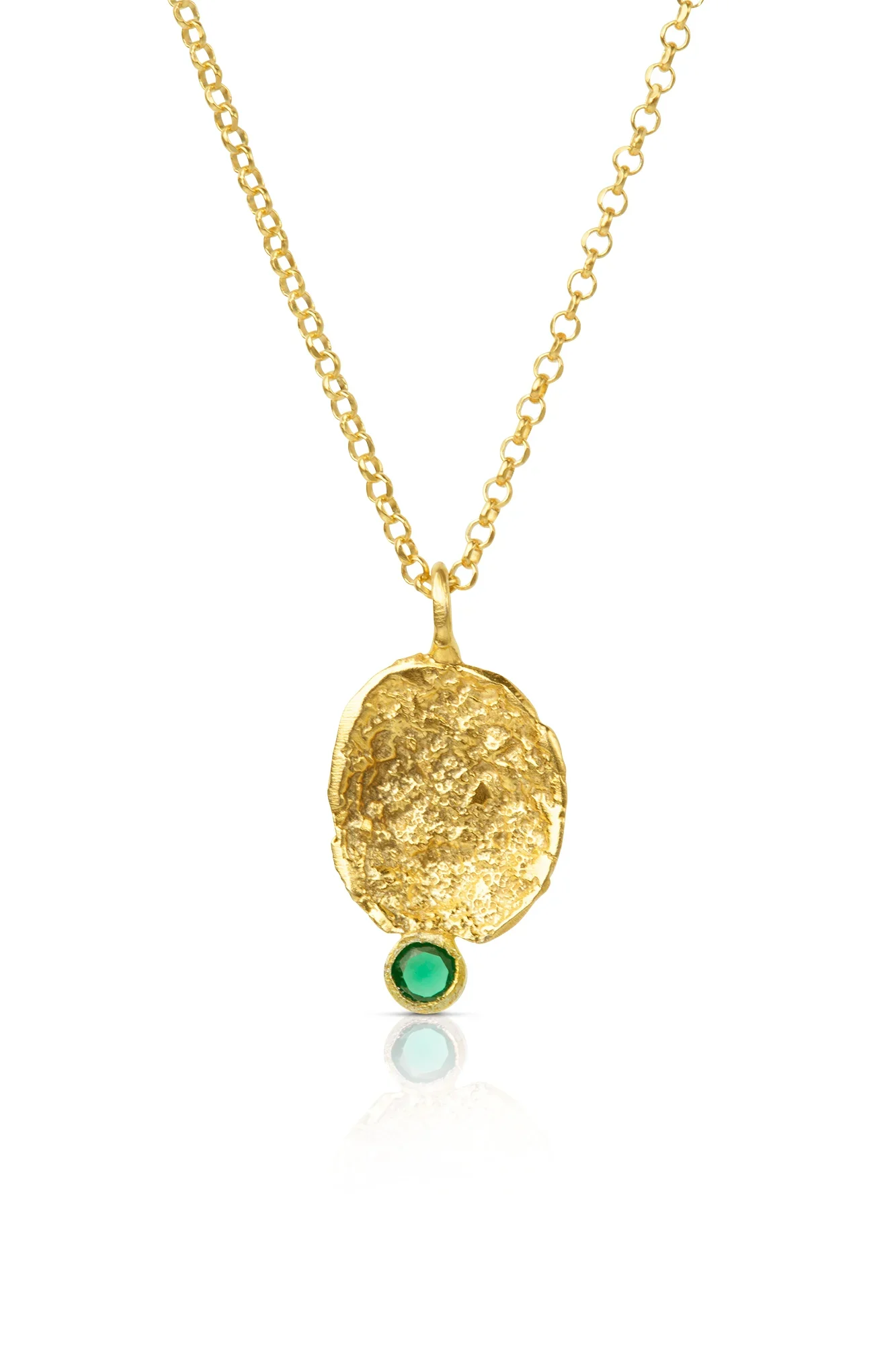 Handmade Jewellery | Oval handmade textured gold plated silver necklace adored with a green zircon main