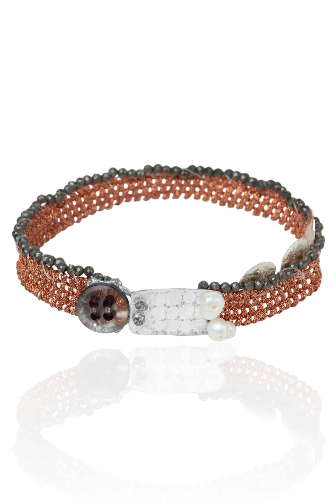 Handmade Jewellery | Silver and woven brown bracelet adorned with pyrite main