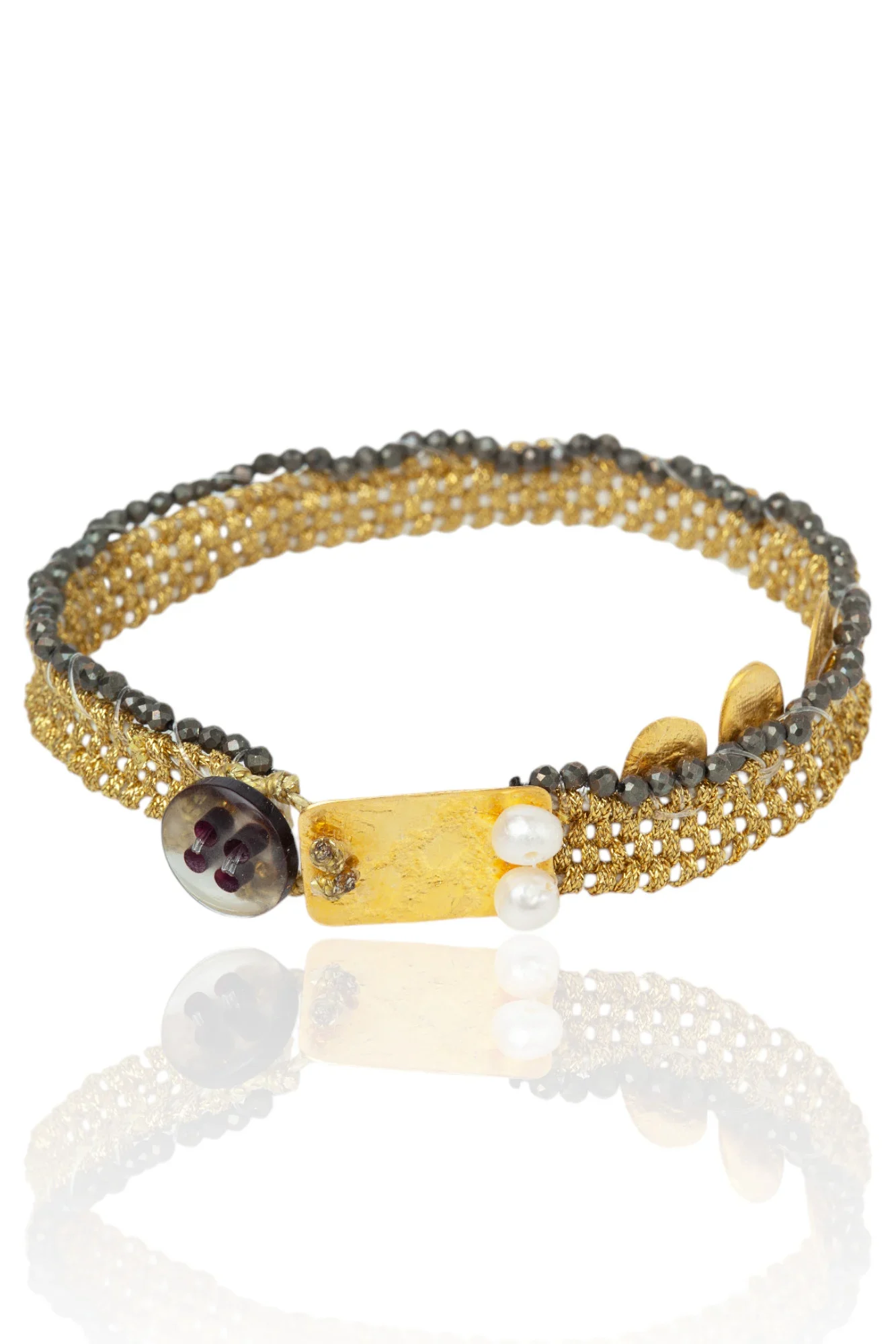 Handmade Jewellery | Gold plated silver & woven bracelet with pyrite main