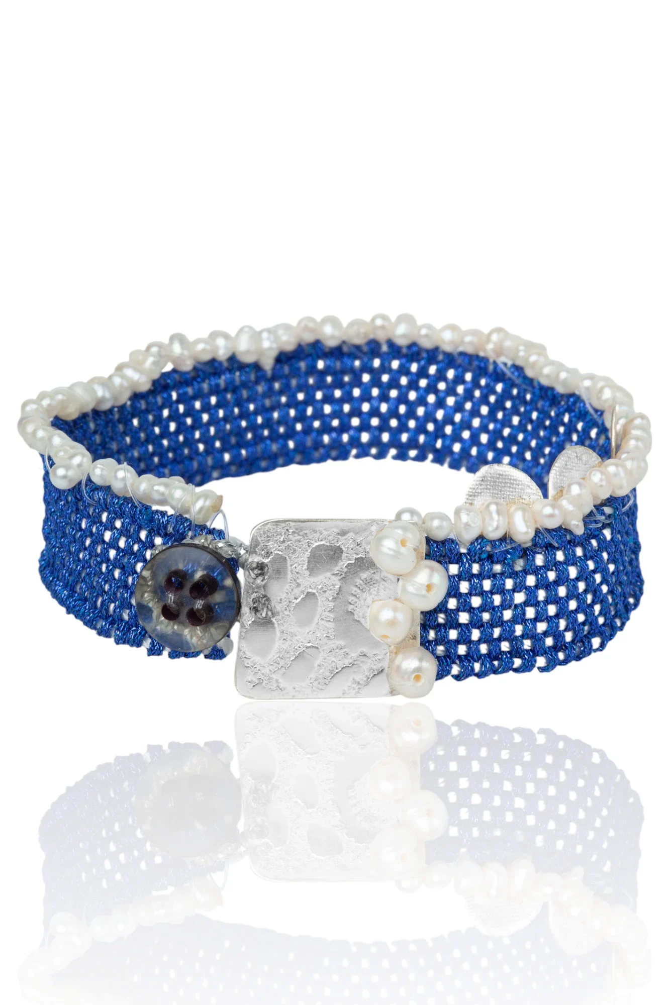 Handmade Jewellery | Elegant Silver and Woven Blue Bracelet with Pearls main