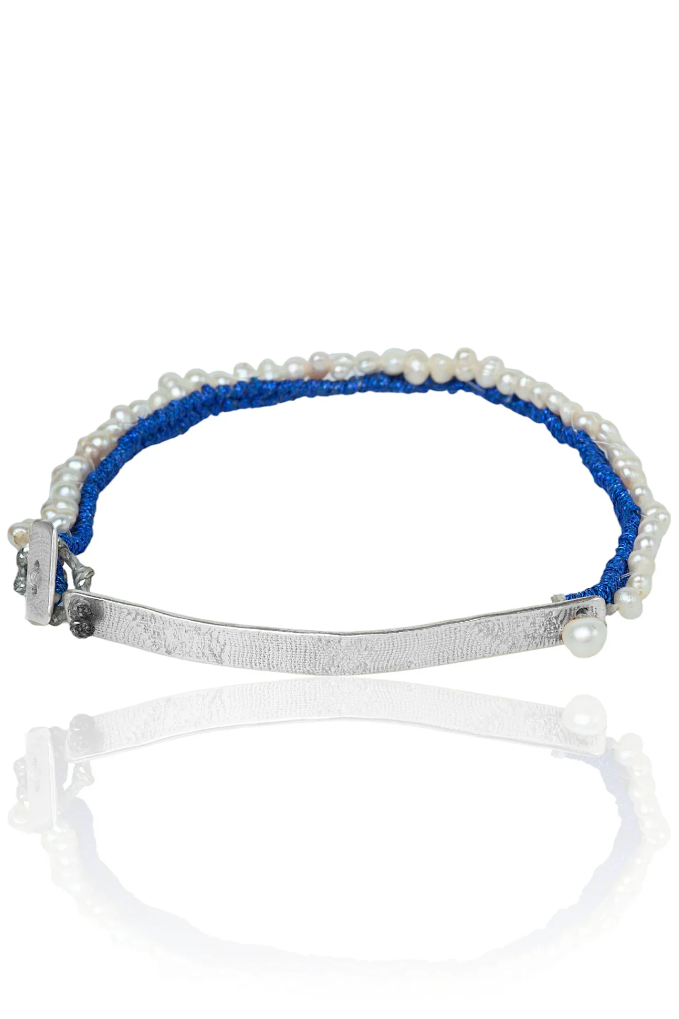 Handmade Jewellery | Silver and woven blue bracelet adorned with pearls main