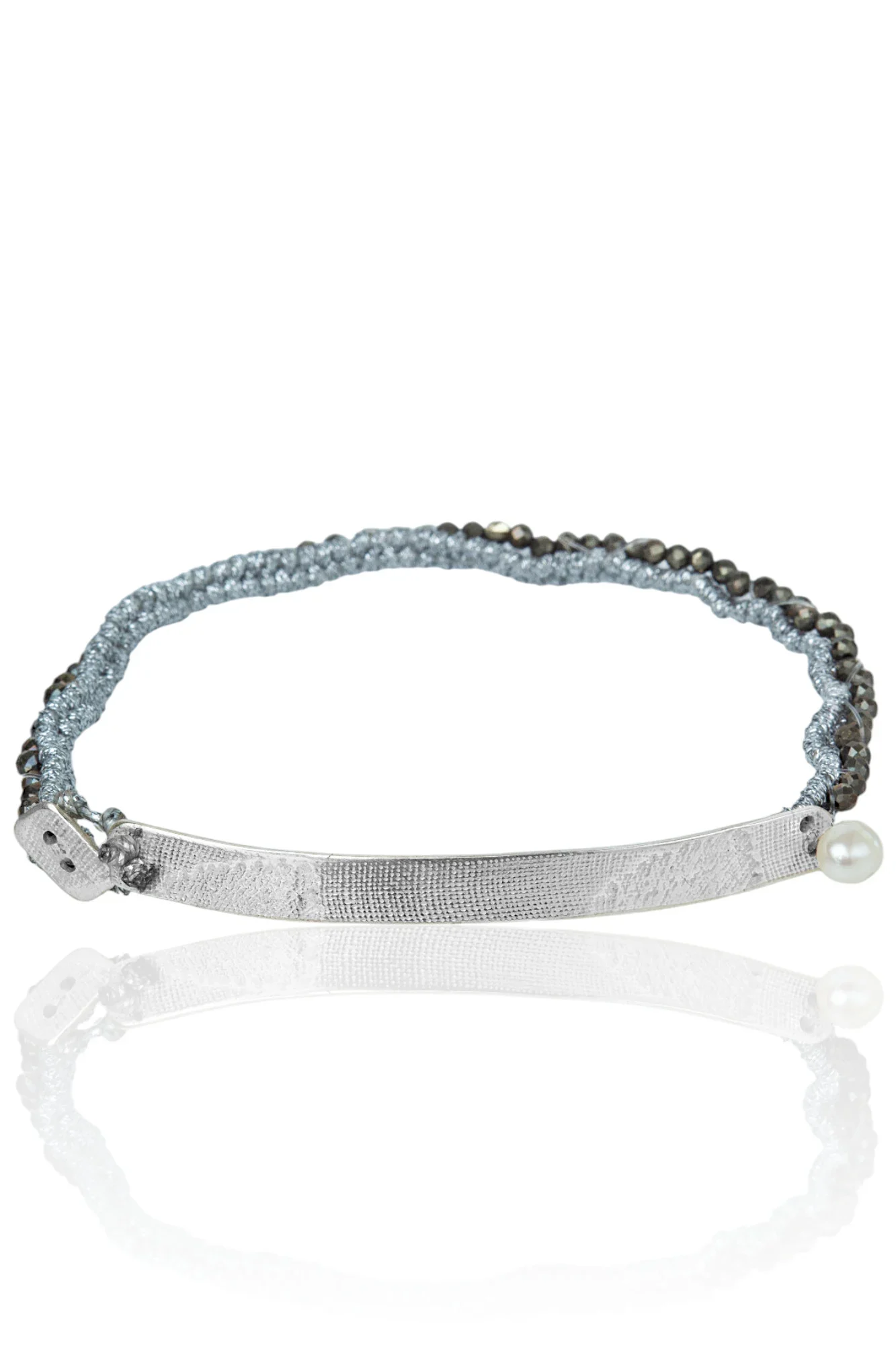 Handmade Jewellery | Textured silver and woven bracelet with pyrite main