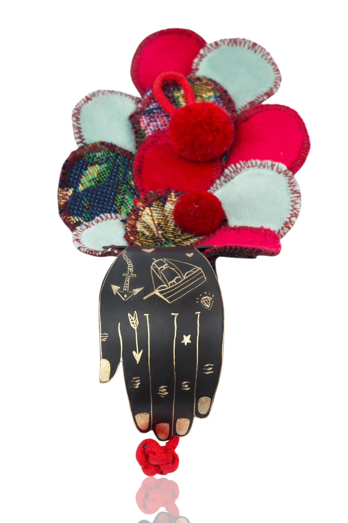 Handmade Jewellery | Hand Engraved Bracelet with Vibrant Fabrics and Playful Pompoms main