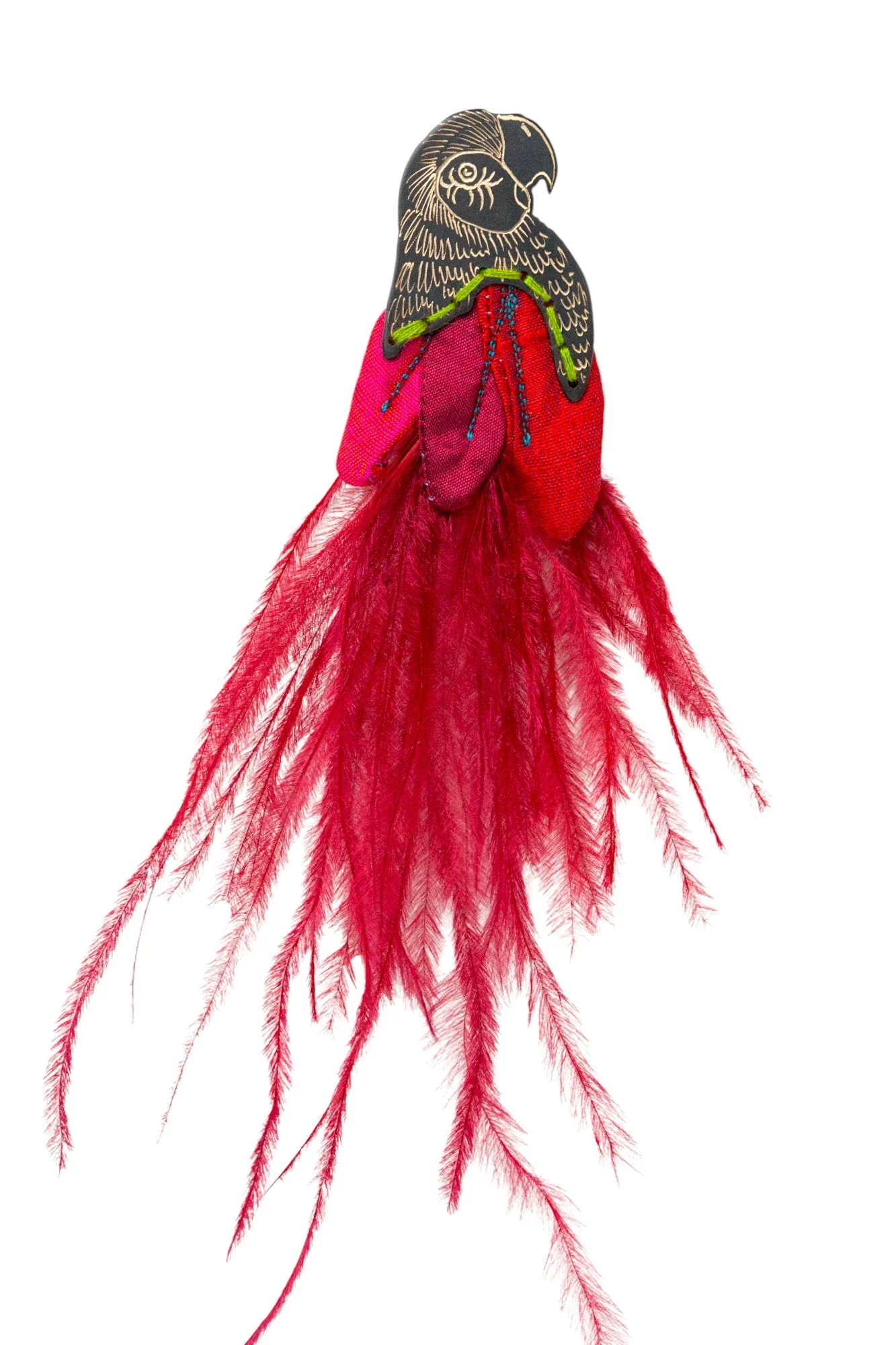 Handmade Jewellery | Parrot handmade brooch with red silk fabrics main