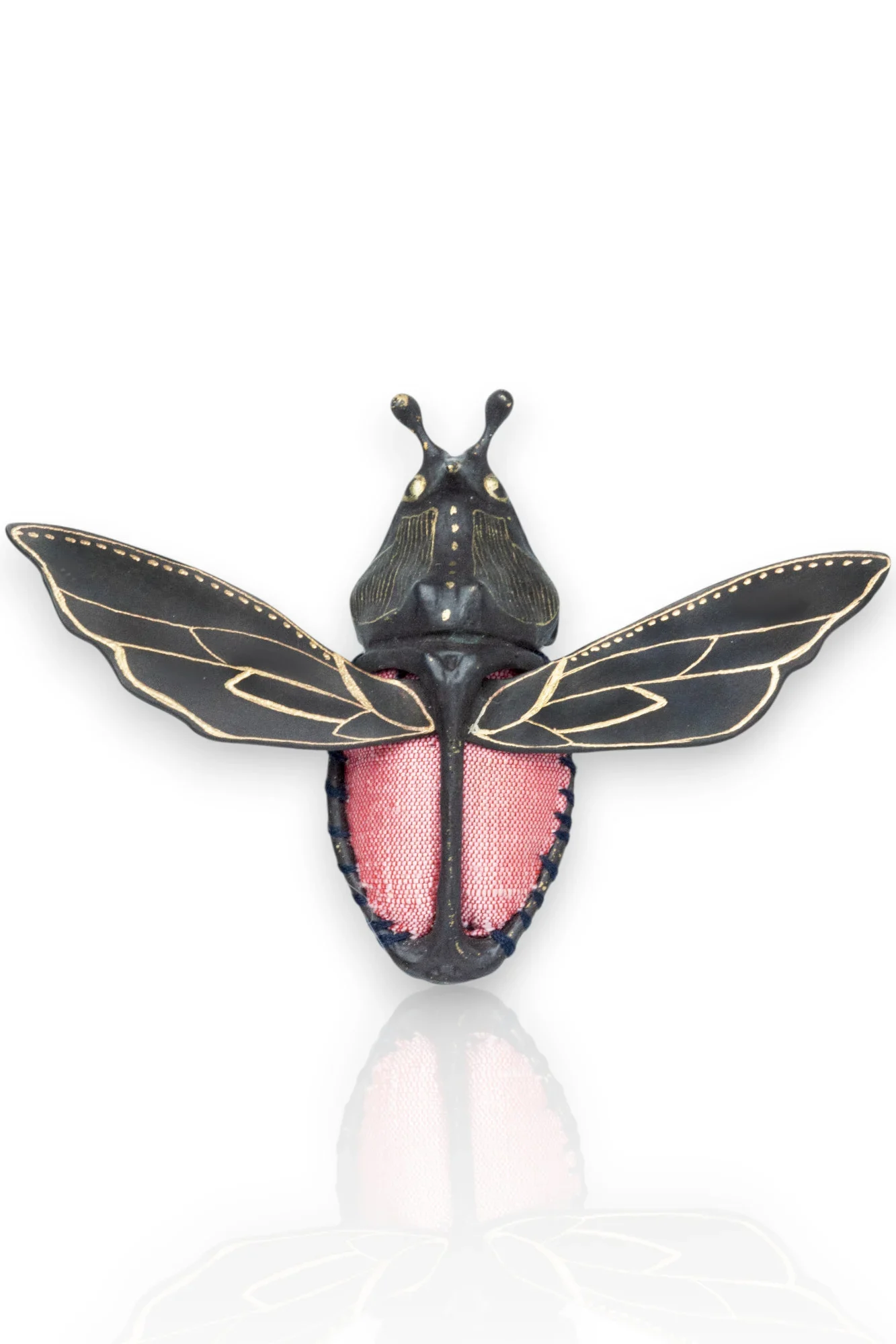 Handmade Jewellery | Beetle engraved bronze brooch with pink silk main